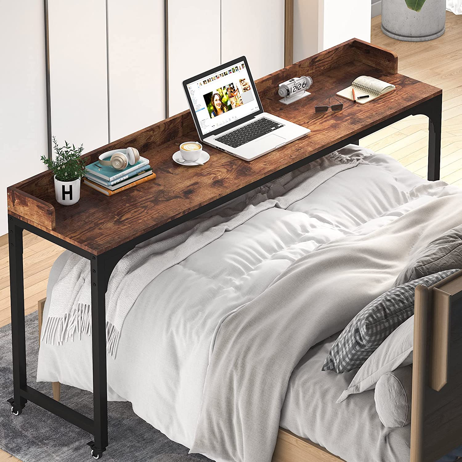 Tribesigns Overbed Table with Wheels, King Queen Mobile Computer Desk  Standing Workstation Laptop Cart, Over Bed Table with Heavy Duty Metal Leg  
